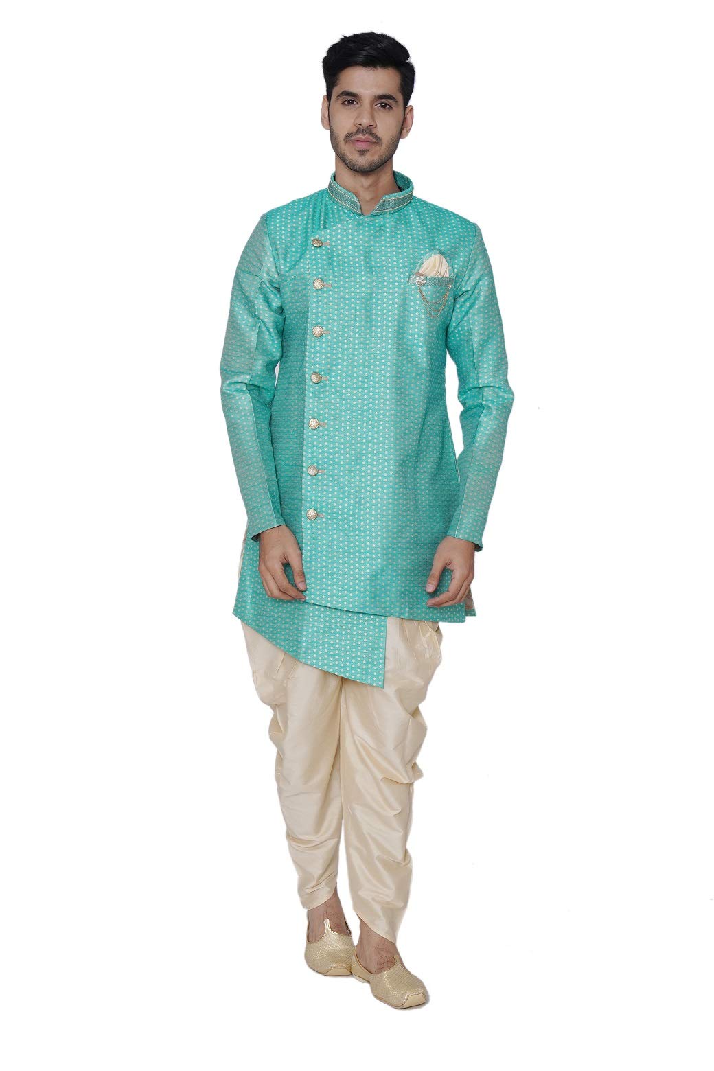 Manyavar Men's Silk and Polyster Blend Other semi Indo Patiala Set (SMID0001_firoze Green_S)