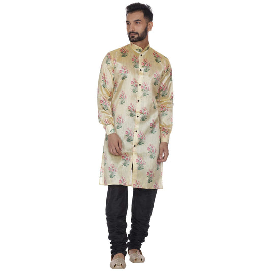 Veera Paridhaan Men's Beige Printed Zig Zag Long Silk Kurta and Black Silk Payjama