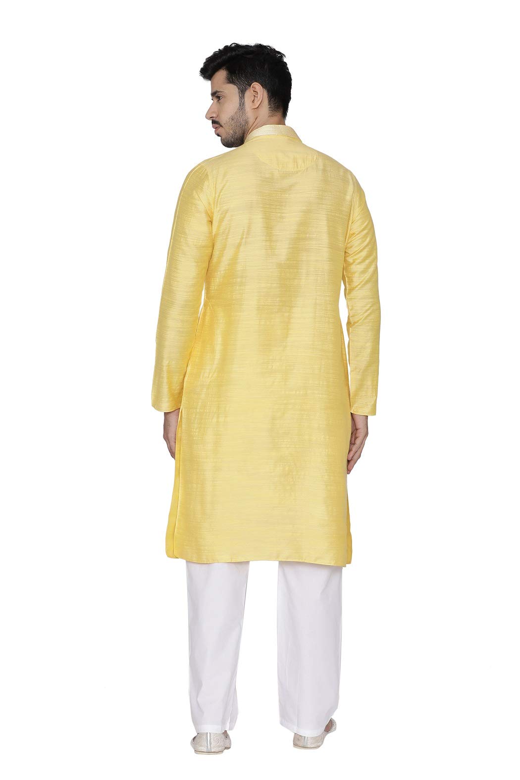Manyavar Self Design Knee Long Full Sleeves Kurta and Churidar Set For Men - (Yellow, X-Large)