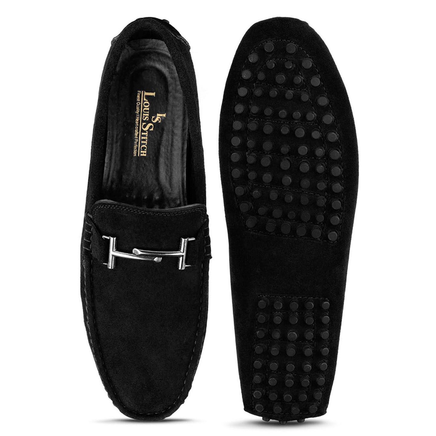LOUIS STITCH Suede Loafers for Men | Designer Buckle Moccasins | Formal & Casual Slip-On Shoes | Ideal for Business, Parties, Everyday Wear | Solid Obsidian Black | UK Size 10 (ITSUD-)