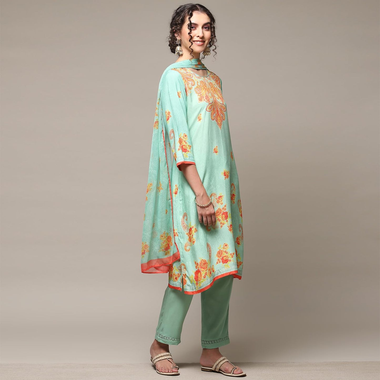 BIBA WOMEN PRINTED NARROW SALWAR KURTA DUPATTA(SKDASSORTED7940E_SEA GREEN_38)