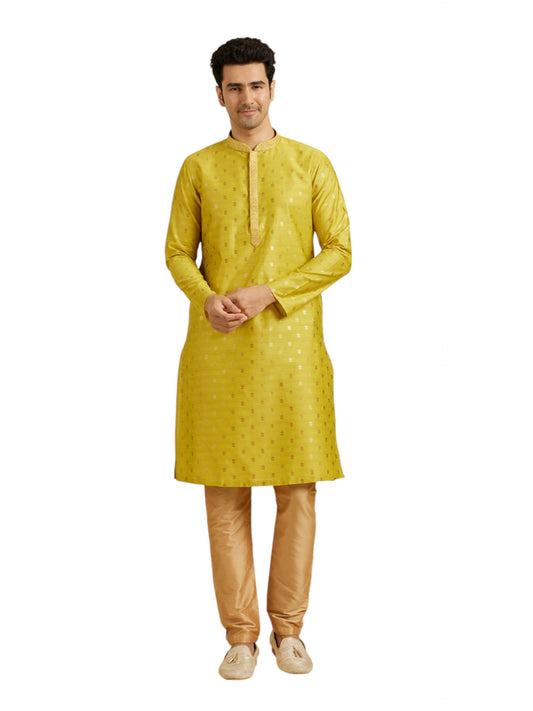 Manyavar Men's Art Silk Neck Embroidered & Foil Prints Kurta Pyjama Set (Green,3XL)