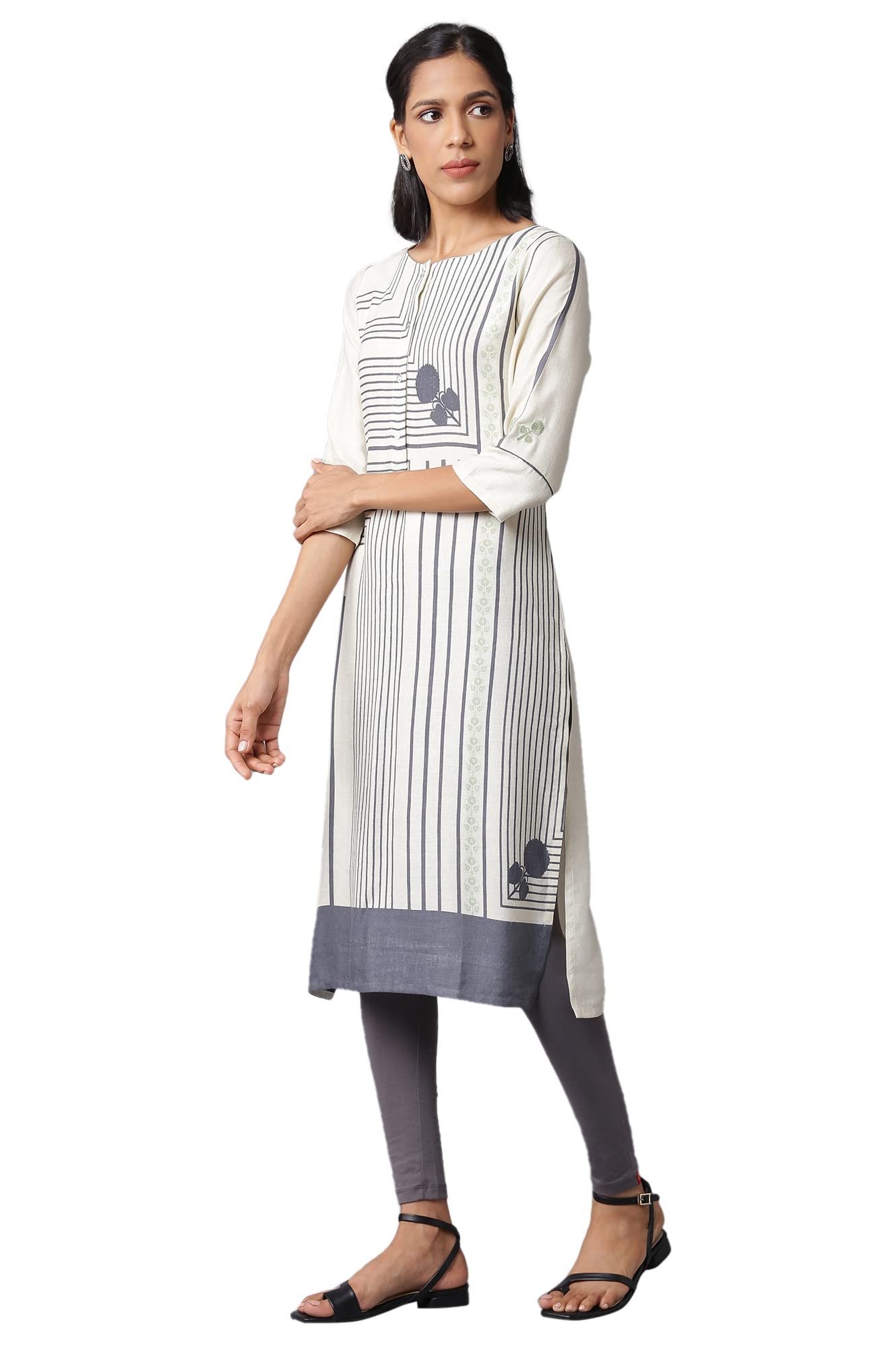 W for Woman Women's Rayon Geometric Regular Kurta (22FEW17327-118127_Ecru_L)