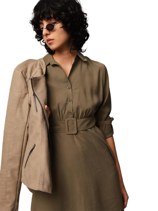 ONLY Women Solid Regular Fit Casual Olive Shirt Dress