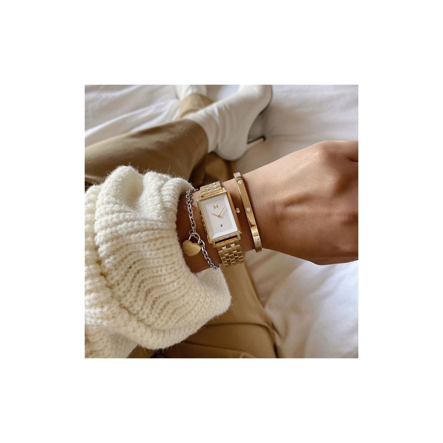 MVMT Signature Square Qtz Basic Calendar White Rectangle Dial Women's Analog Watch|Ionic Plated Gold Steel Material|Gold Color Band - Mf03-G