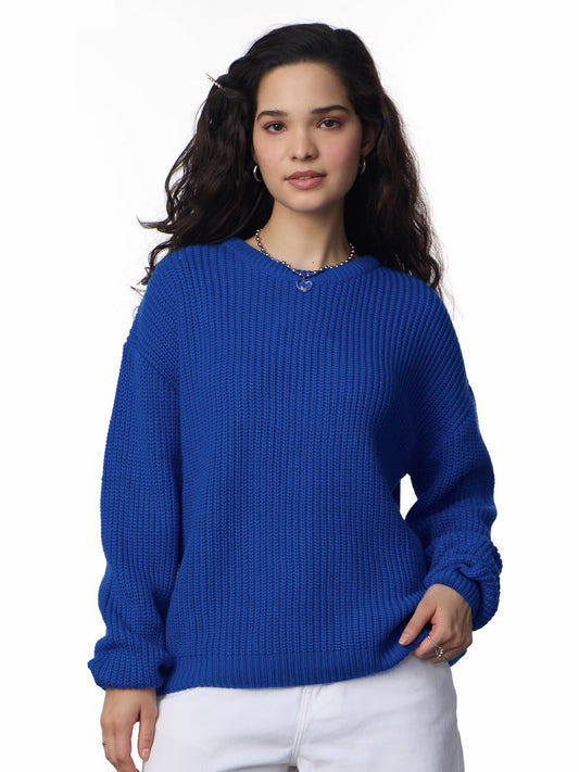 The Souled Store Knitted Sweater: Royal Blue Women and Girls Long Sleeves Round Neck Solid Pull Over Acrylic Oversized Sweaters
