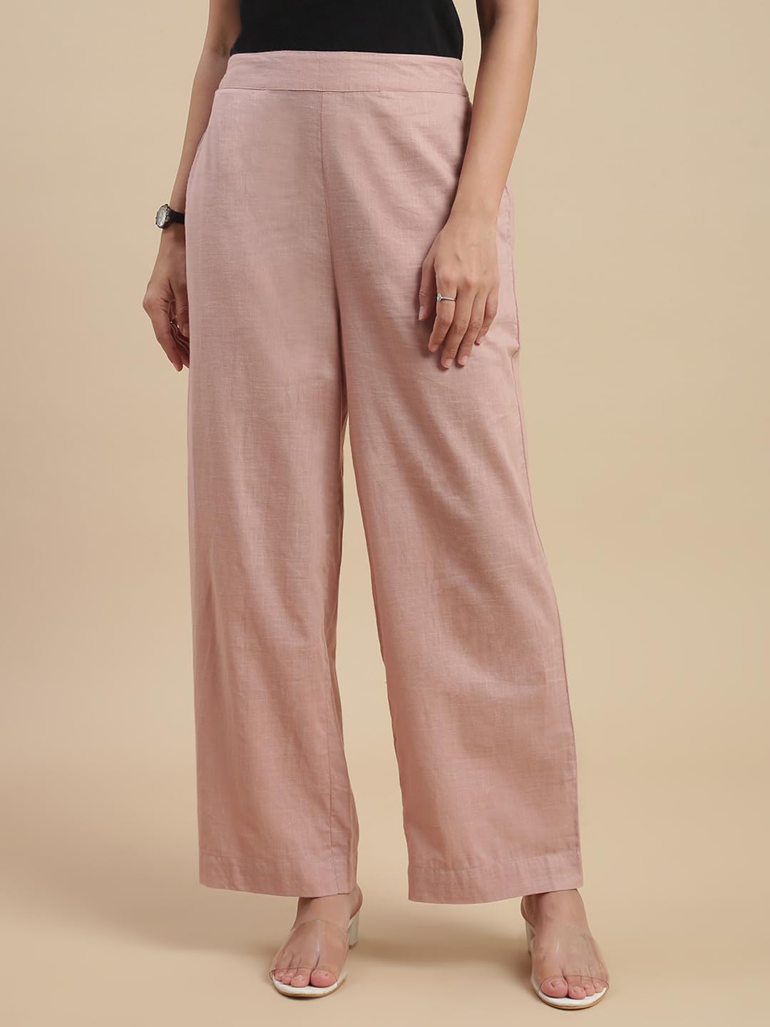De Moza Women Regular Fit Straight Pant - Light Peach | 100% Cotton Slub | Mid Rise | 2 Pockets | Casual & Office Wear