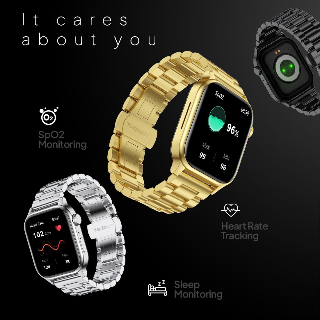 Fire-Boltt Rise Luxe Stainless Steel Luxury, 47mm (1.85) Display Bluetooth Calling, Rotating Crown, AI Voice Assistant, 120 Sports Modes, Neon UI, Stainless Steel Straps, SpO2 (Gold)