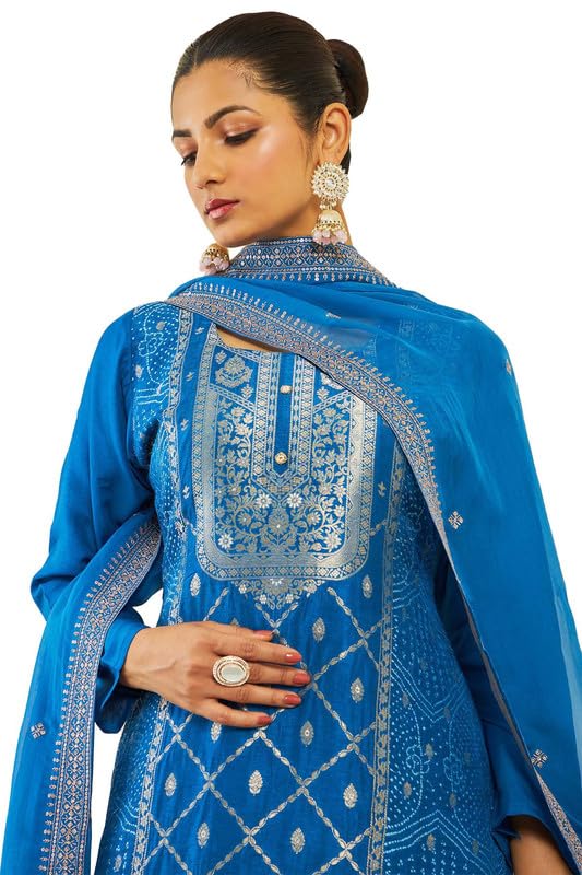 Soch Womens Blue Silk Unstitched Dress Material With Zari Woven Floral Designs And Embroidery