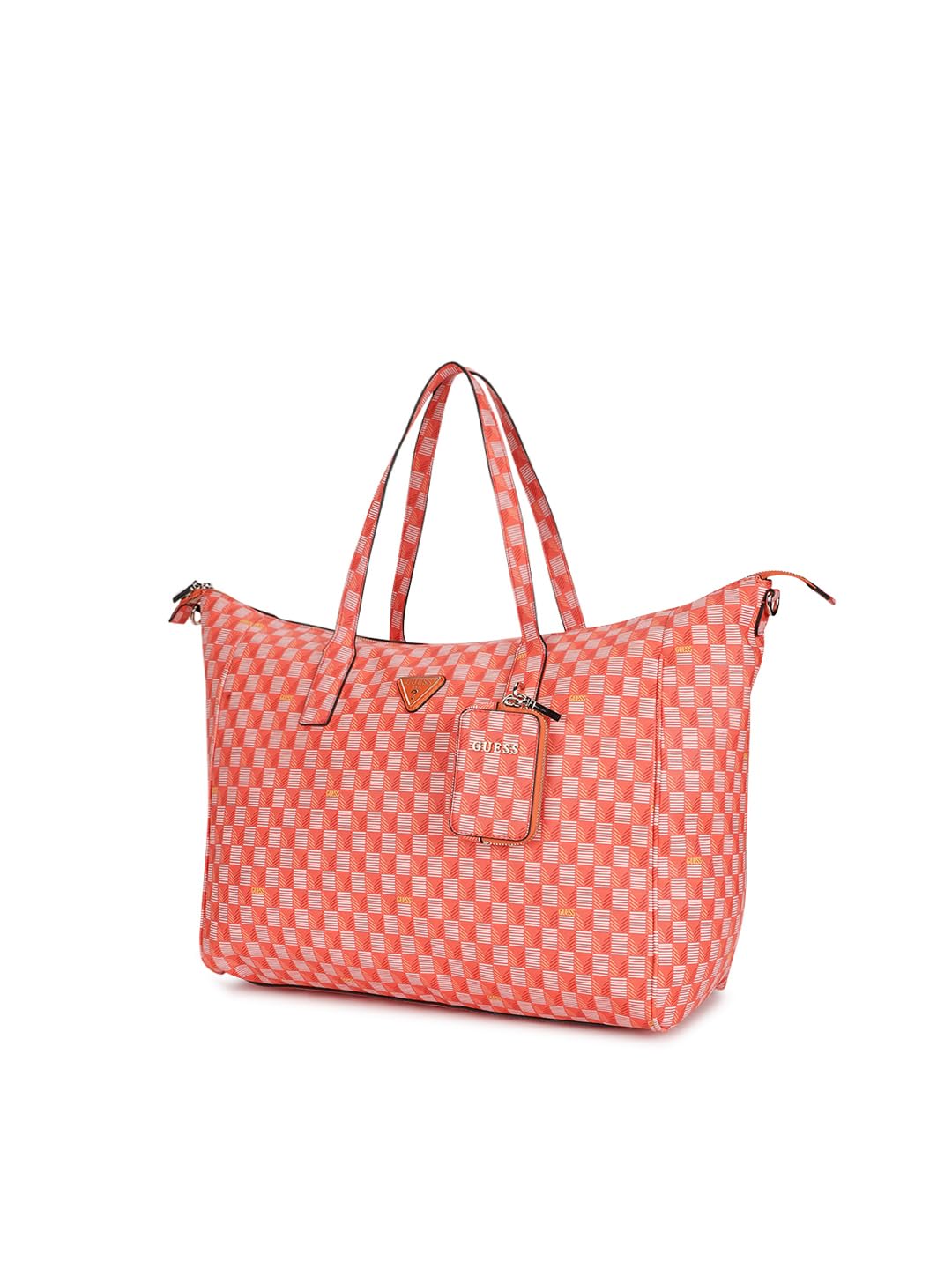 GUESS Orange Logo Checkered Carryon Large Tote Bag With Detachable Coin Pouch