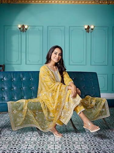 Royal Export Women's Chanderi Ethnic Motifs Embroidered Straight Kurta Pant with Dupatta, kurta sets for women-Yellow