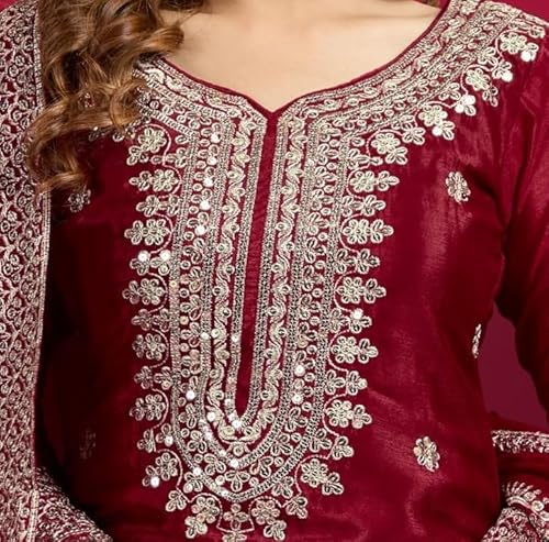 Brulry Women's Red Embroidered Chinnon Silk Kurta with Palazzo & With Dupatta