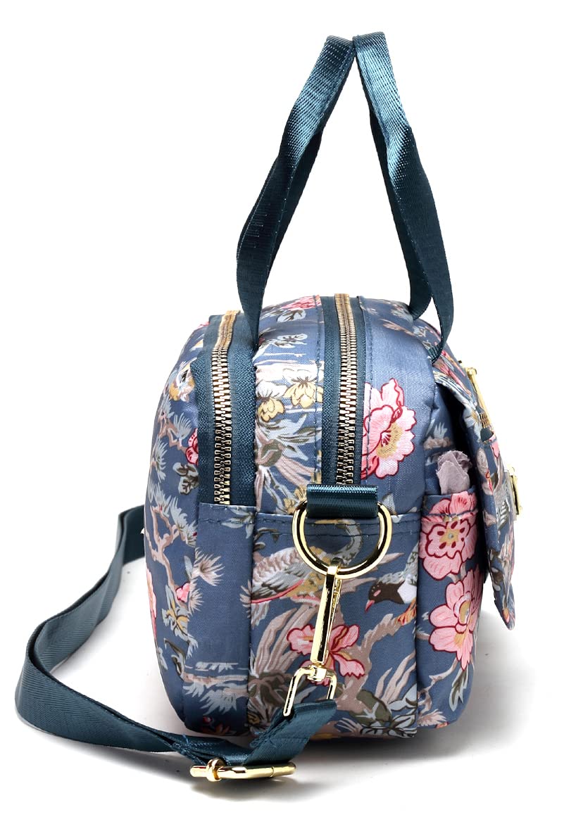 Diva Dale Multi-Compartments Nylon Water-Resistant Lightweight Designer Pattern Spacious Durable Travel Crossbody Sling Bag For Women And Girls (Grey Flower)