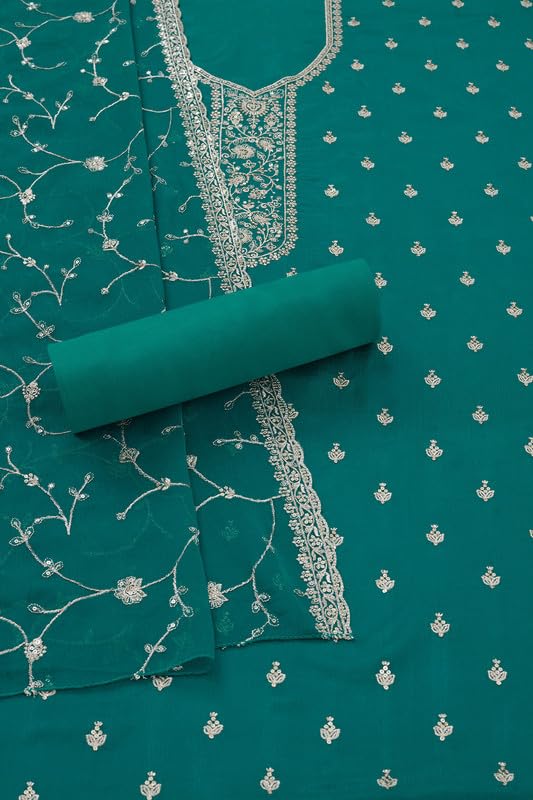 Soch Womens Teal Chinon Embroidered Unstitch Dress Material With Sequins