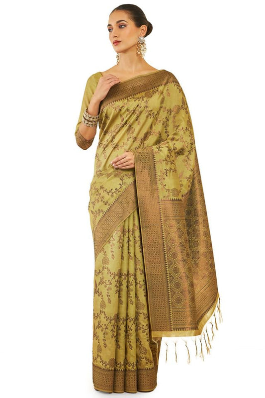 Soch Womens Light Green Tussar Silk Saree With Floral And Foliage Woven Designs