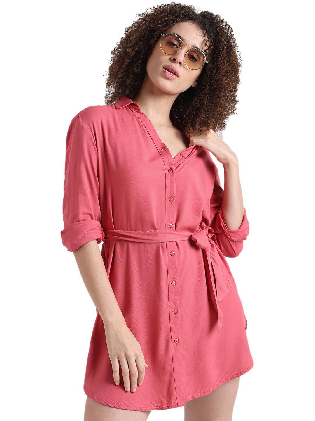 ONLY Women Solid Viscose Above Knee Pink Shirt Dress