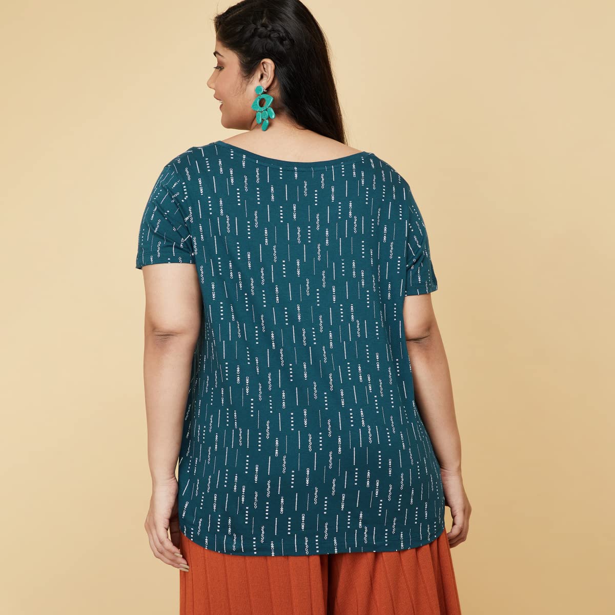 Max Women's Plus Size Pure Cotton Printed Regular Fit Round Neck Cotton T-Shirt (Tery2Bp_Teal)