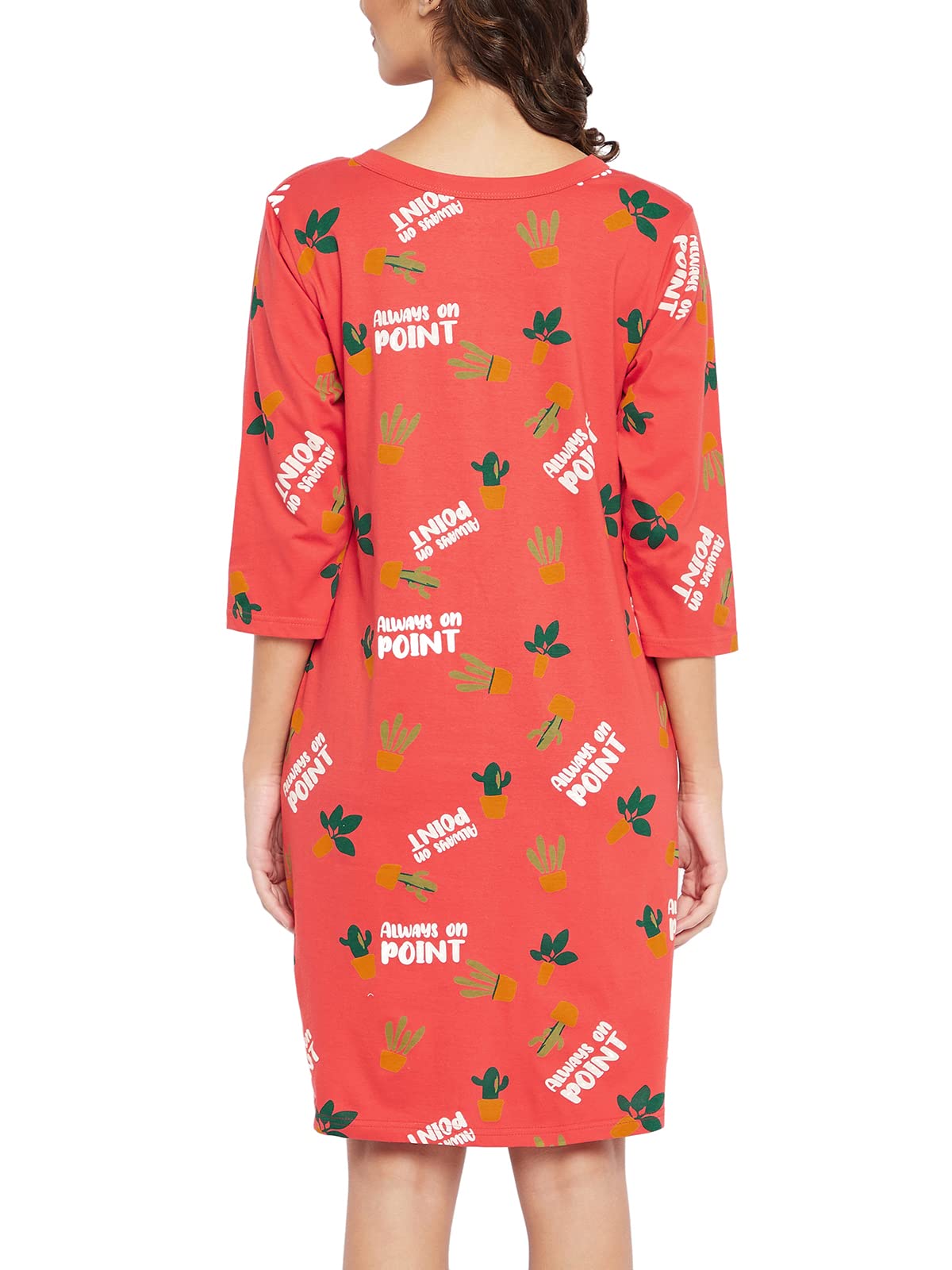 Clovia Women's Cotton Cactus Print Button Me Up Night Dress(NS1487P04_Red_S)