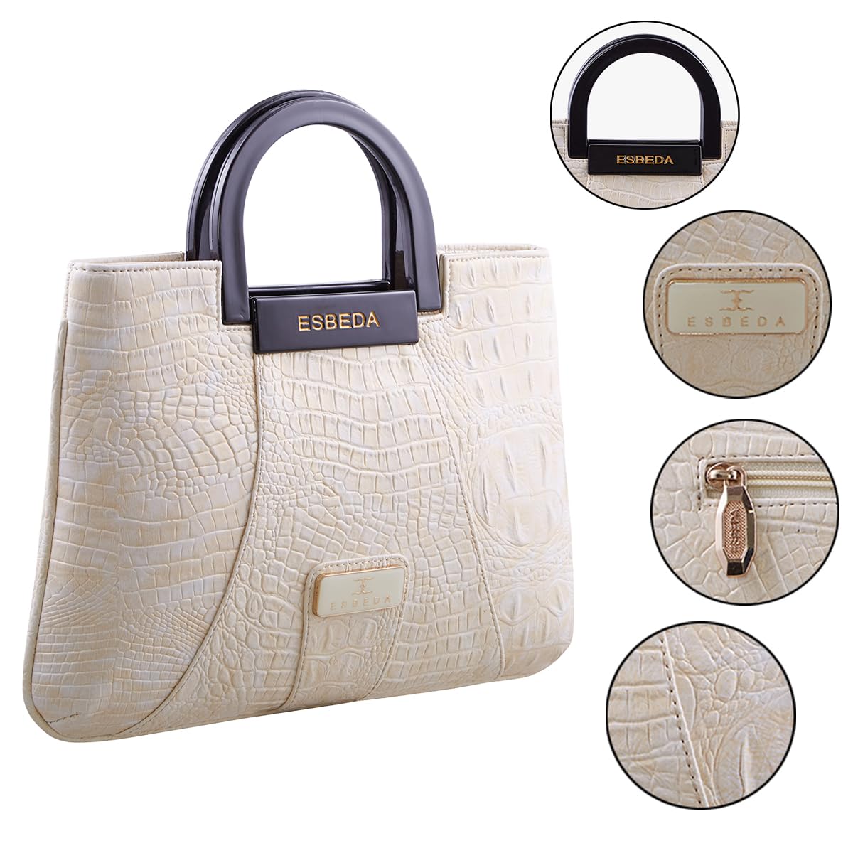 ESBEDA Off-White Gold tone Snake Work PU Synthetic Handbag For Women