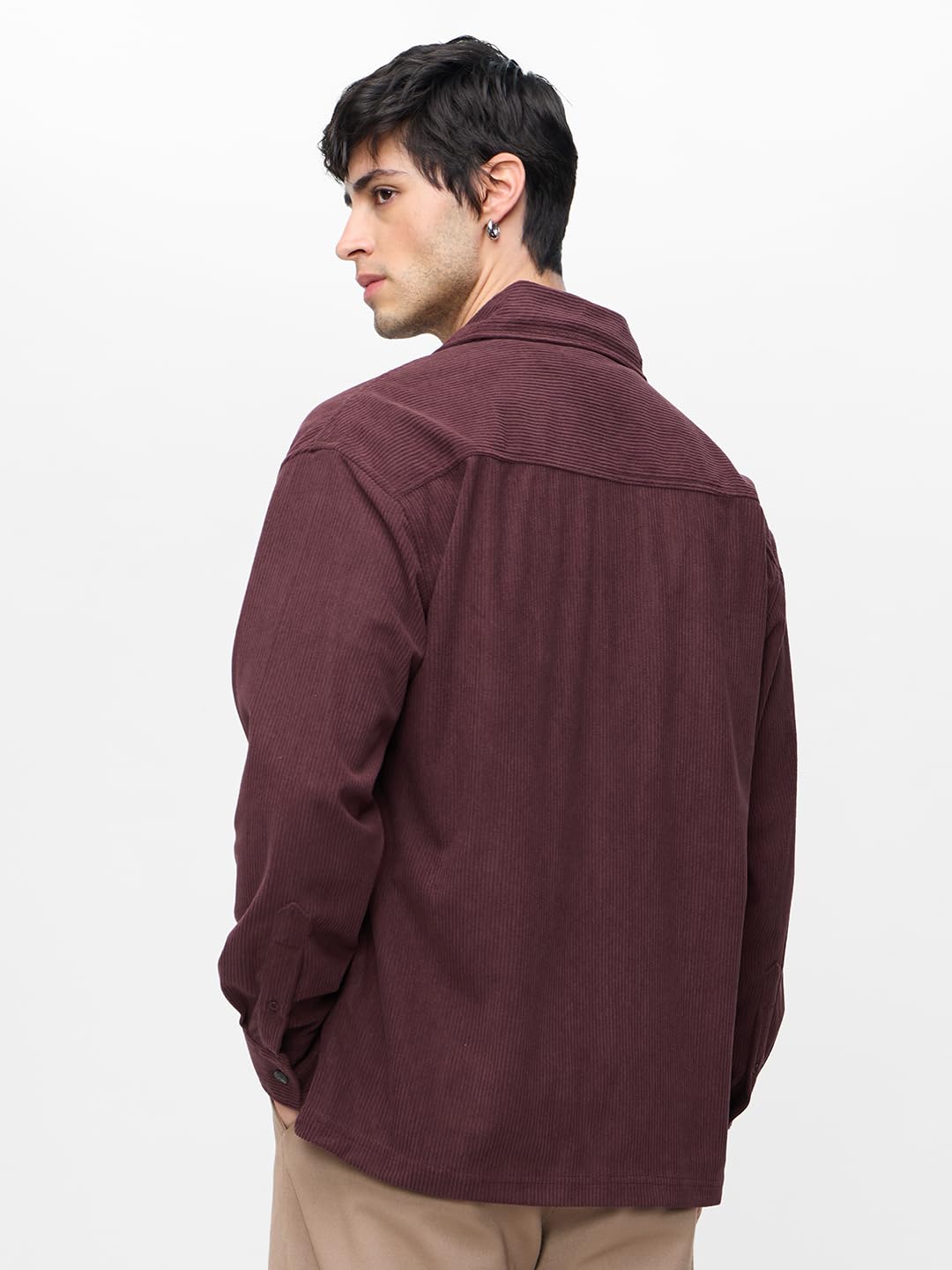 The Souled Store Corduroy Shacket: Maroon Men and Boys Long Sleeves Collared Neck Button Front Solid Polyester Oversized Shackets