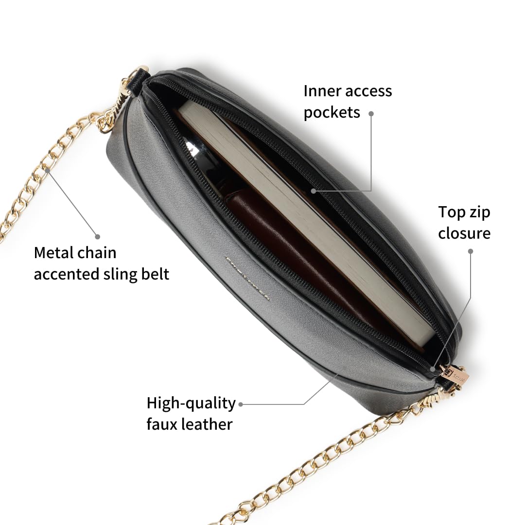 Fastrack Velvet Touch Sling Bag for Women| Faux Leather Sling With Gold Chain Accents | Chic Compact Crossbody with Top Zip Closure | Trendy Women's Handbags | Stylish Bags for Girls