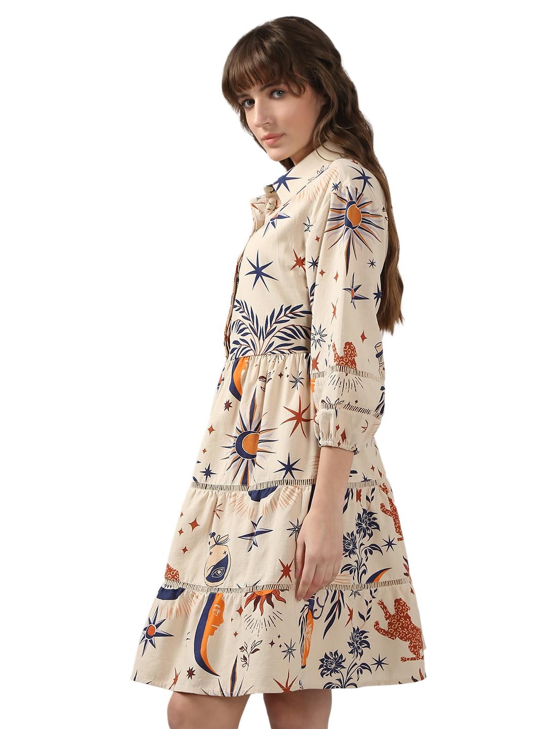 VERO MODA Women's Cotton Fit and Flare Off White Dress