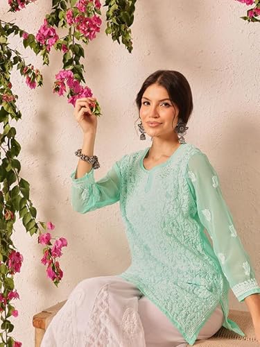 Ada Hand Embroidered Lucknowi Chikankari Georgette Short Kurti Top Tunic for Women A911500 Aquamarine (XS)