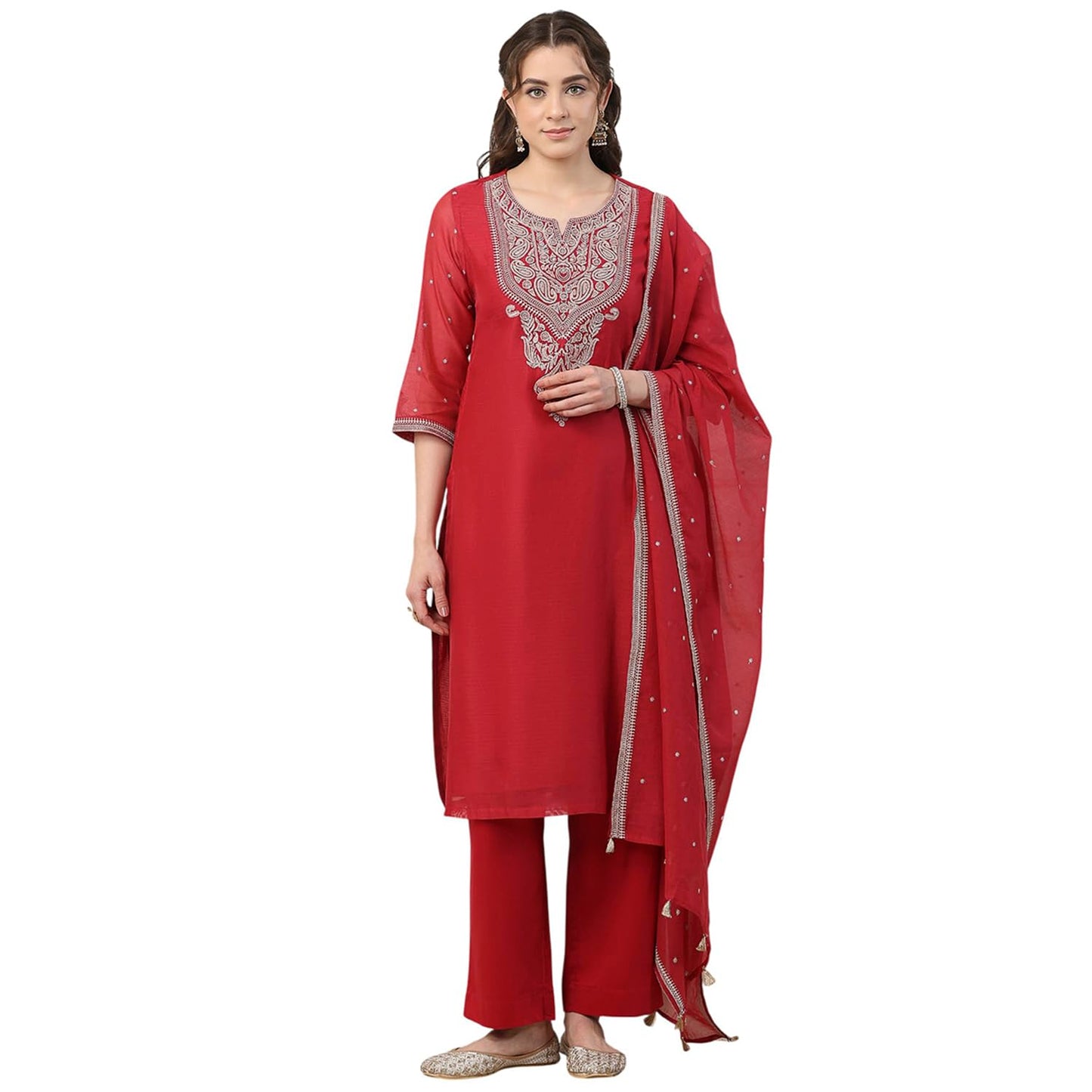 Biba Women Red Poly Chanderi Straight Suit Set_32
