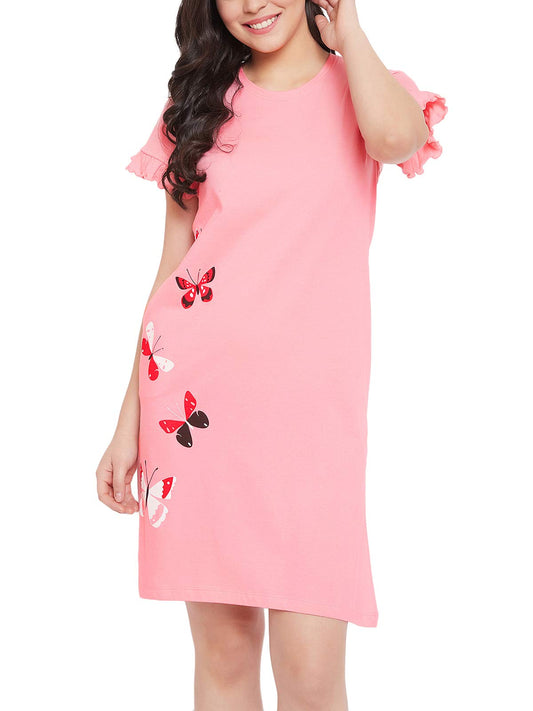 Clovia Women's Cotton Printed Knee Length Nighty (NS1340A22L_Pink_L)