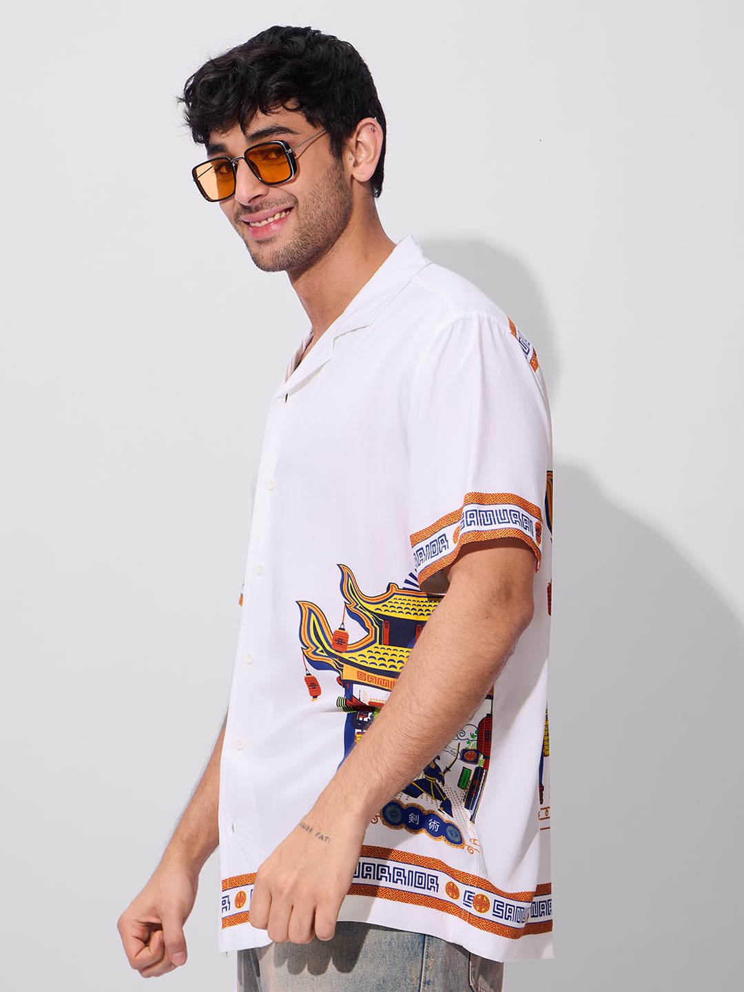 The Souled Store Samurai Men and Boys Short Sleeves Collared Neck Button Front White Graphic Printed Rayon Holiday Shirts