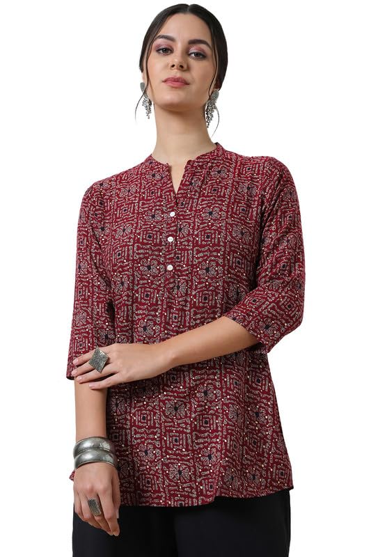 Soch Womens Wine Rayon Slub Abstract Print Tunic with Mandarin Collar