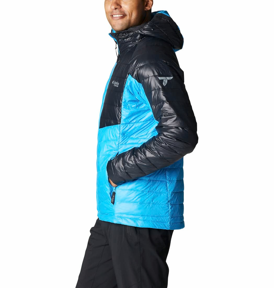 Columbia Mens Platinum Peak Hooded Jacket, Compass Blue, Black, L