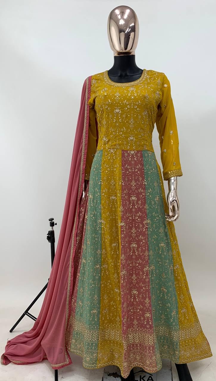 Miss Ethnik Women's Yellow Faux Georgette Stitched Top With Dupatta Full Sleeve Embroidered Anarkali Gown (ME-1183-Yellow-XL)