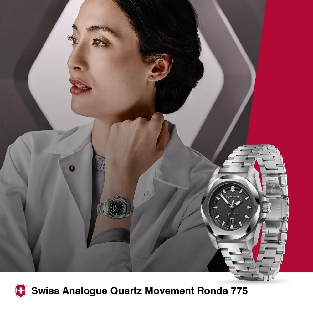 Victorinox I.N.O.X. Small, Swiss Made Women's Watch | Black Dial, 32 mm, 100M Water Resistant, Stainless Steel Case, Quartz Movement, Stainless Steel Bracelet | 242036