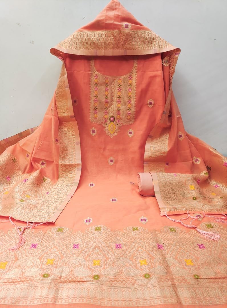SHANTVAN GALLERY Chanderi Suit Pure Chanderi Banarasi Silk (3m)|Soft Cotton Bottom (2.5m)|Chanderi Banarasi Silk Dupatta (2.3m) with Tassels, Unstitched Material,Fits up to 60”,Length48(Peach)