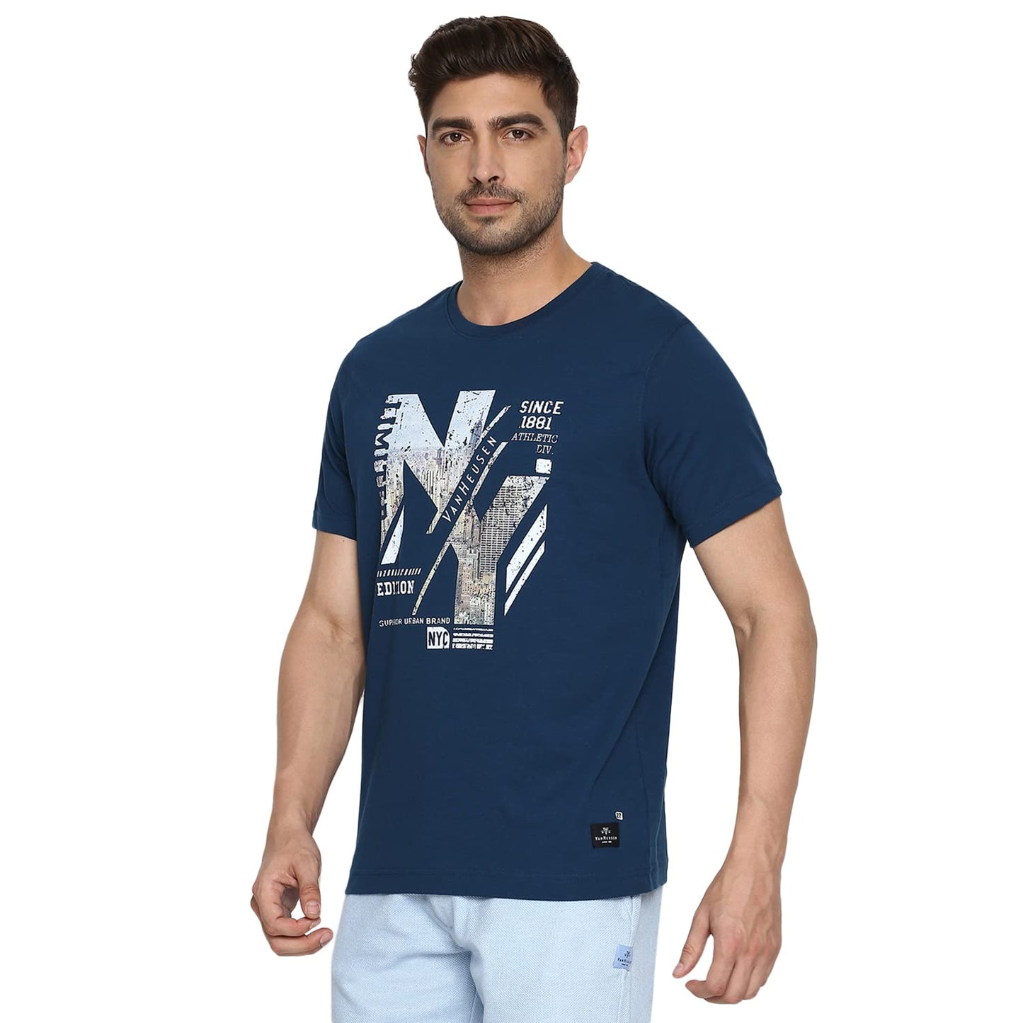 Van Heusen Athleisure Men Regular Fit T-Shirt - Cotton Rich - Crew Neck, Short Sleeve, Chest Graphic_60096_Deep Sea Lt_Medium, Blue
