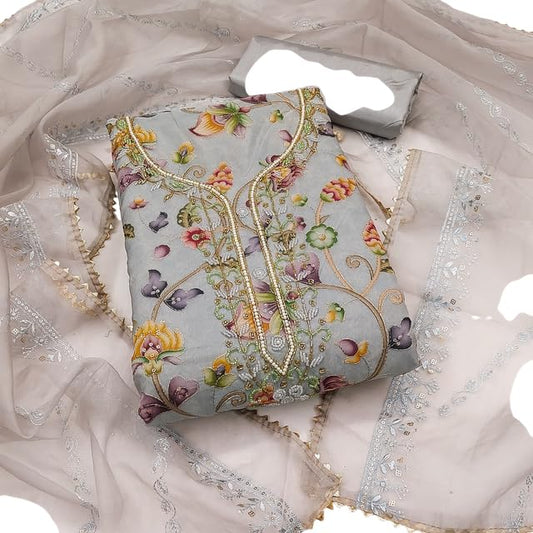 VARNI FABRICS Organza Dress Material for Women Floral Unstitched Woman Salwar Suit Dress Material With Organza Dupatta Pastel Pink