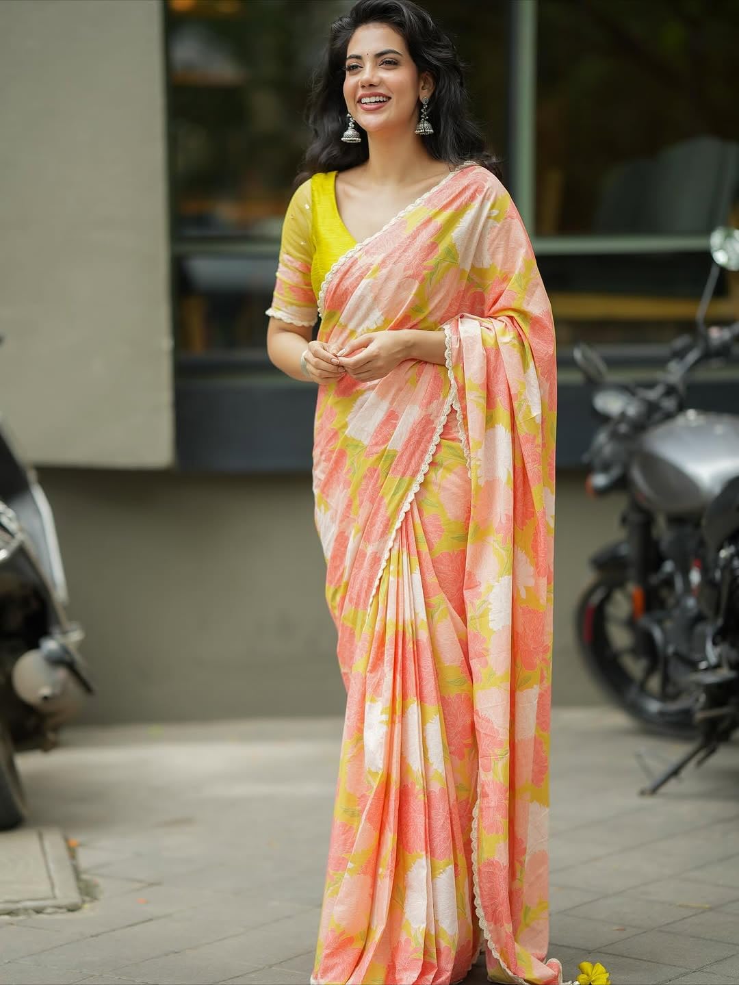 MARGI DESIGNERS Womens New Latest Bollywood Style Linen Cotton Floral Printed Fancy Lace Border Peach Saree with Blouse | Saree For Womens