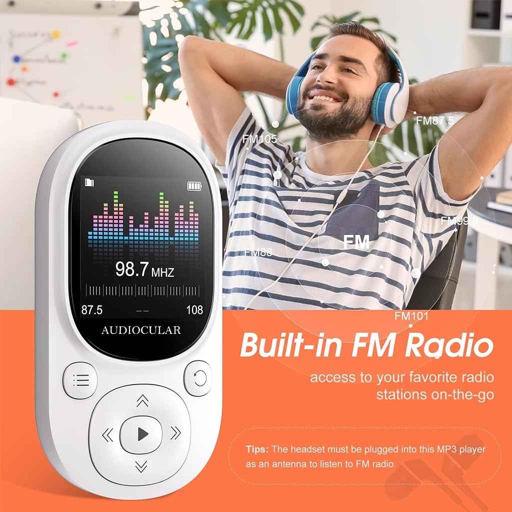 AUDIOCULAR M11 32GB Mp3 Player with Clip, Portable, Mini, Bluetooth Digital Music Player Support Upto128GB External Storage, Pedometer, FM Radio, Voice Recorder, E-Book, Stopwatch (32GB - White)