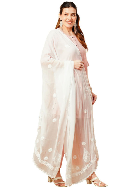 Ada Hand Embroidered Lucknowi Chikankari Chiffon Dupatta Stole for Women A511217 White