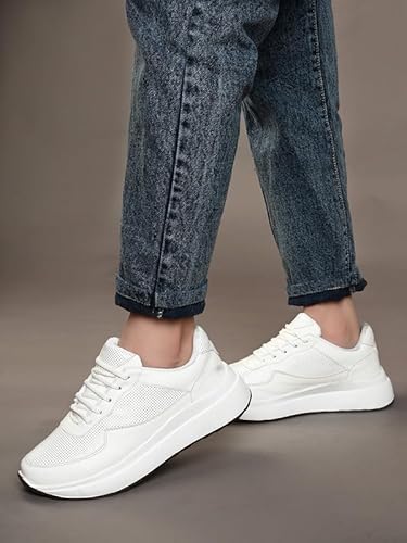 XE Looks White Lace-Up Platform Sneakers | Perforated Upper | Cushioned Insole | Casual & Walking Shoes For Girls & Women