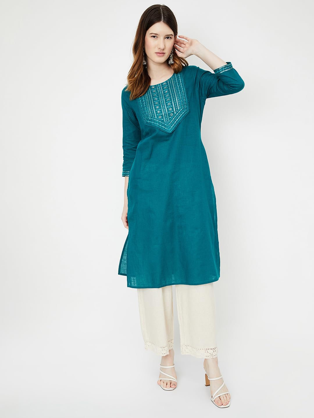 Max Women's Cotton Blend Regular Kurta (MAEKFE24RITEAL_Teal
