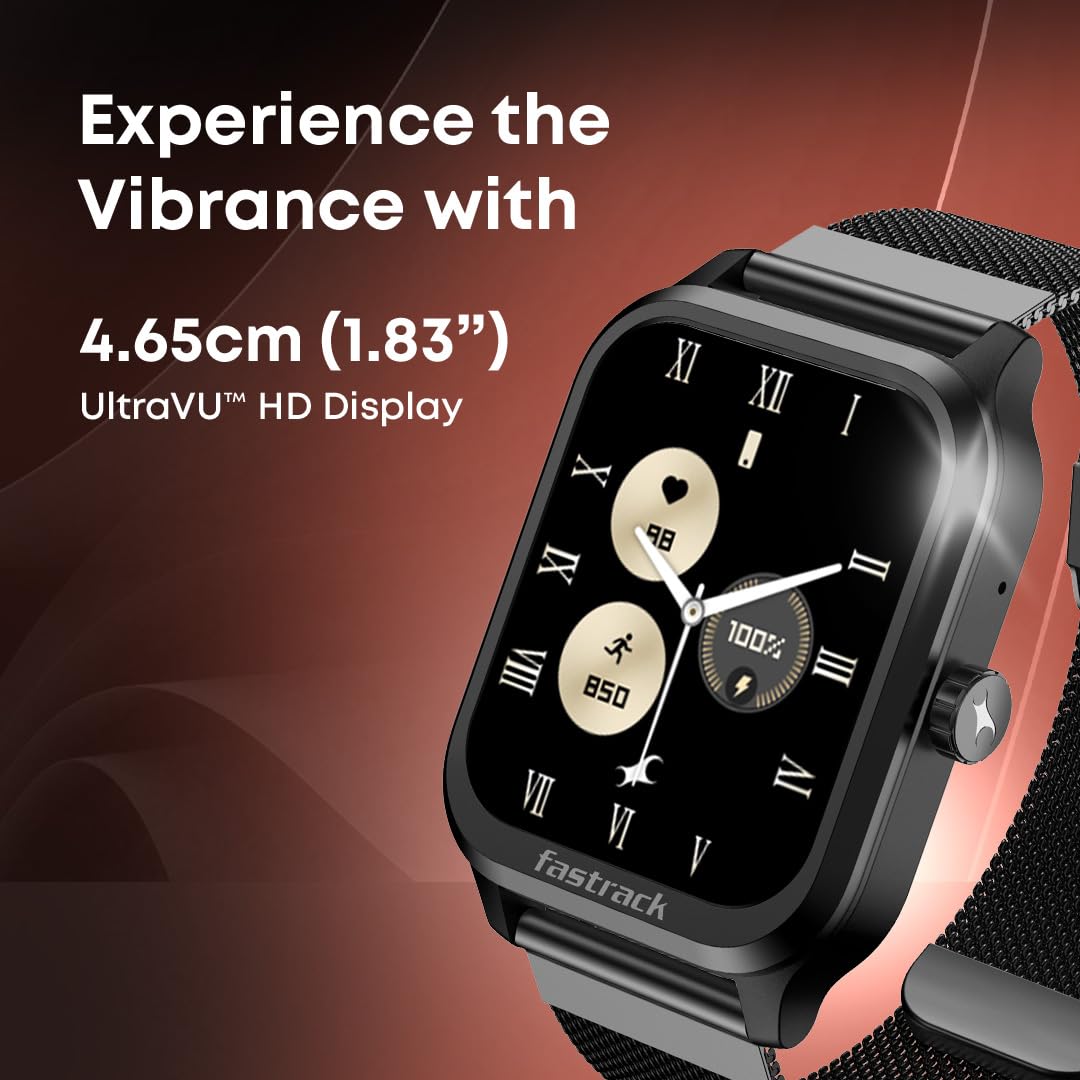 Fastrack Jupiter Retro 1.83" Display Smart Watch with Bluetooth Calling, Functional Crown, Metal Strap, 100+ Sports Modes, Health Suite, IP68, 5-Day Battery – for Men & Women Latest (Black Mesh)