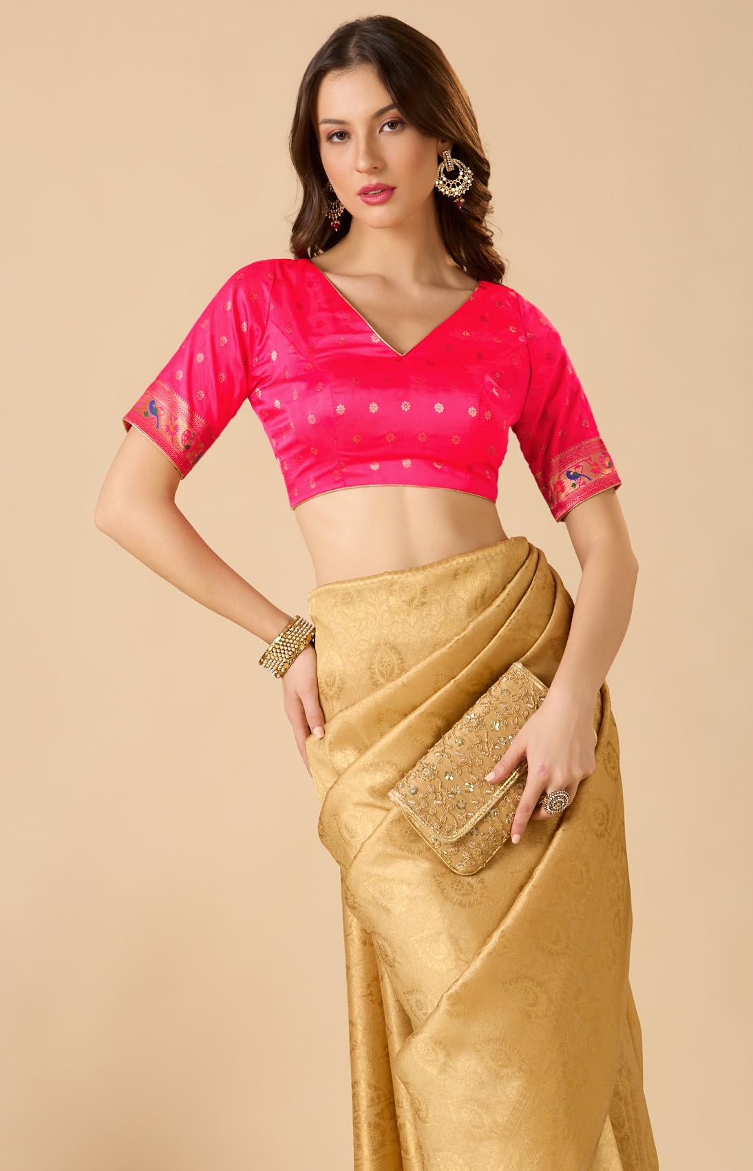 S SALWAR STUDIO Pink Paithani Silk V Neck Readymade Blouse