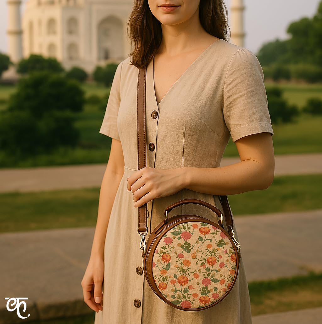 Kalankit Round Sling For Women | Girls Crossbody Bags | Side Bags With Adjustable Strap | Travel Box Sling Bags | Autumn hues