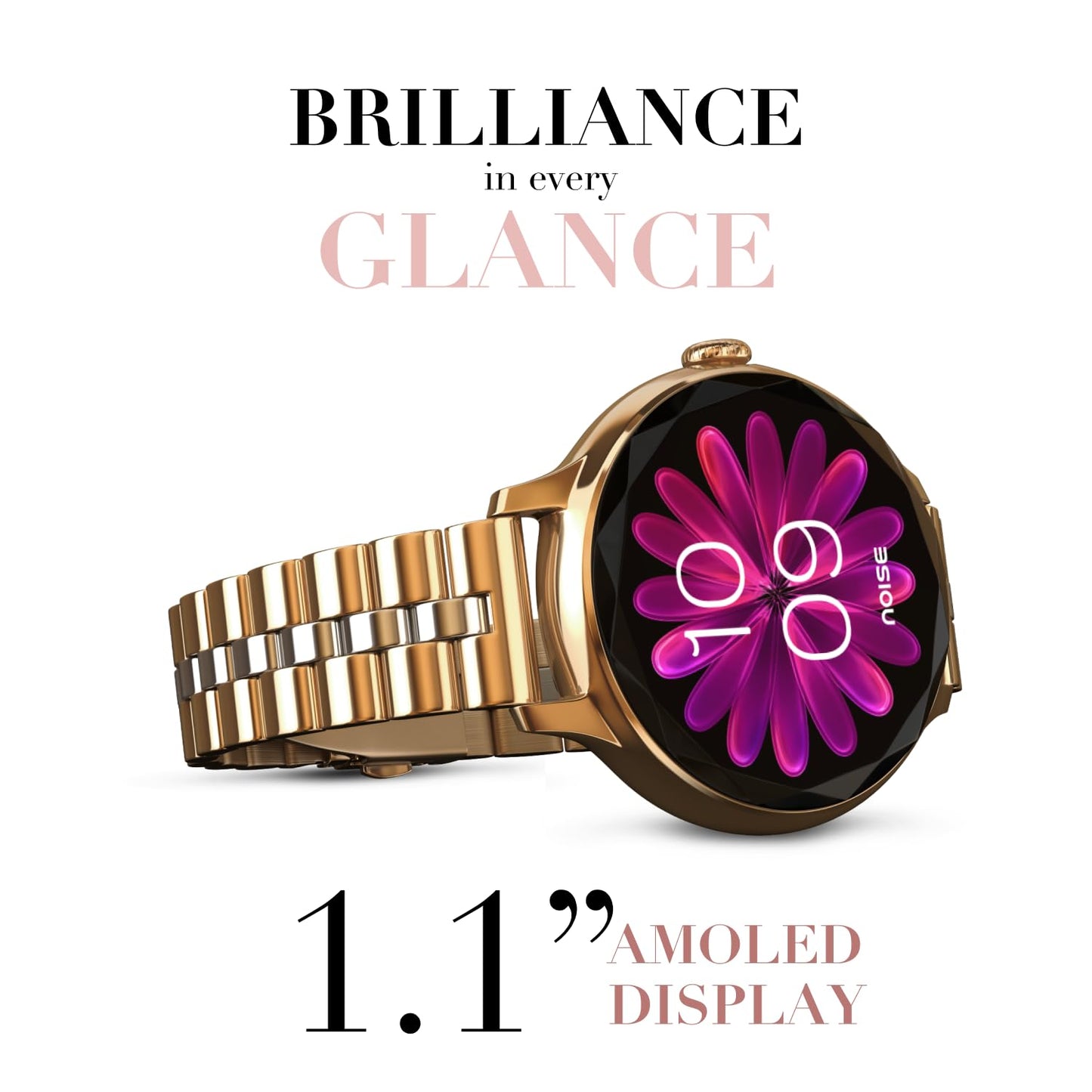 Noise Diva Smartwatch for Women with Diamond Cut Dial, Glossy Metallic Finish, AMOLED Display, New Metal Straps, 100+ Watch Faces, Female Cycle Tracker Smart Watch for Women (Metallic Rose Blend)