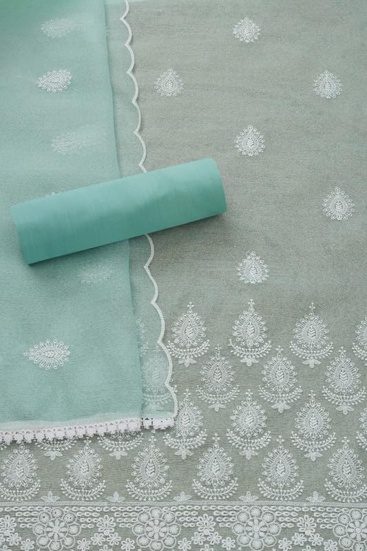 Soch Womens Turquoise Blue Kota Embroidered Unstitch Dress Material With Thread Work