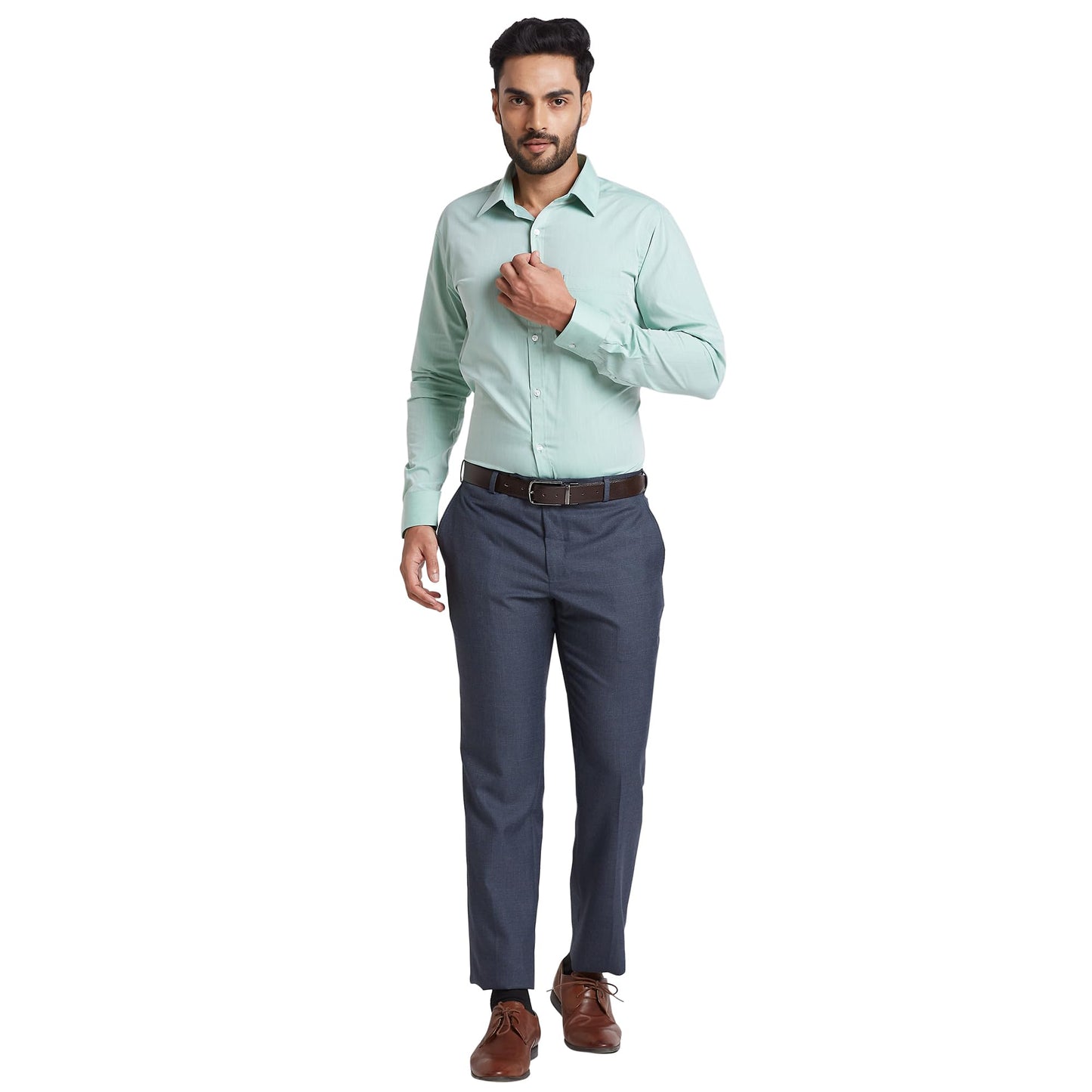 Park Avenue Men's Smart Fit Formal Trousers, Poly-Viscose Blend Check Pattern, Mid Rise, Performance Executive Wear | Medium Blue