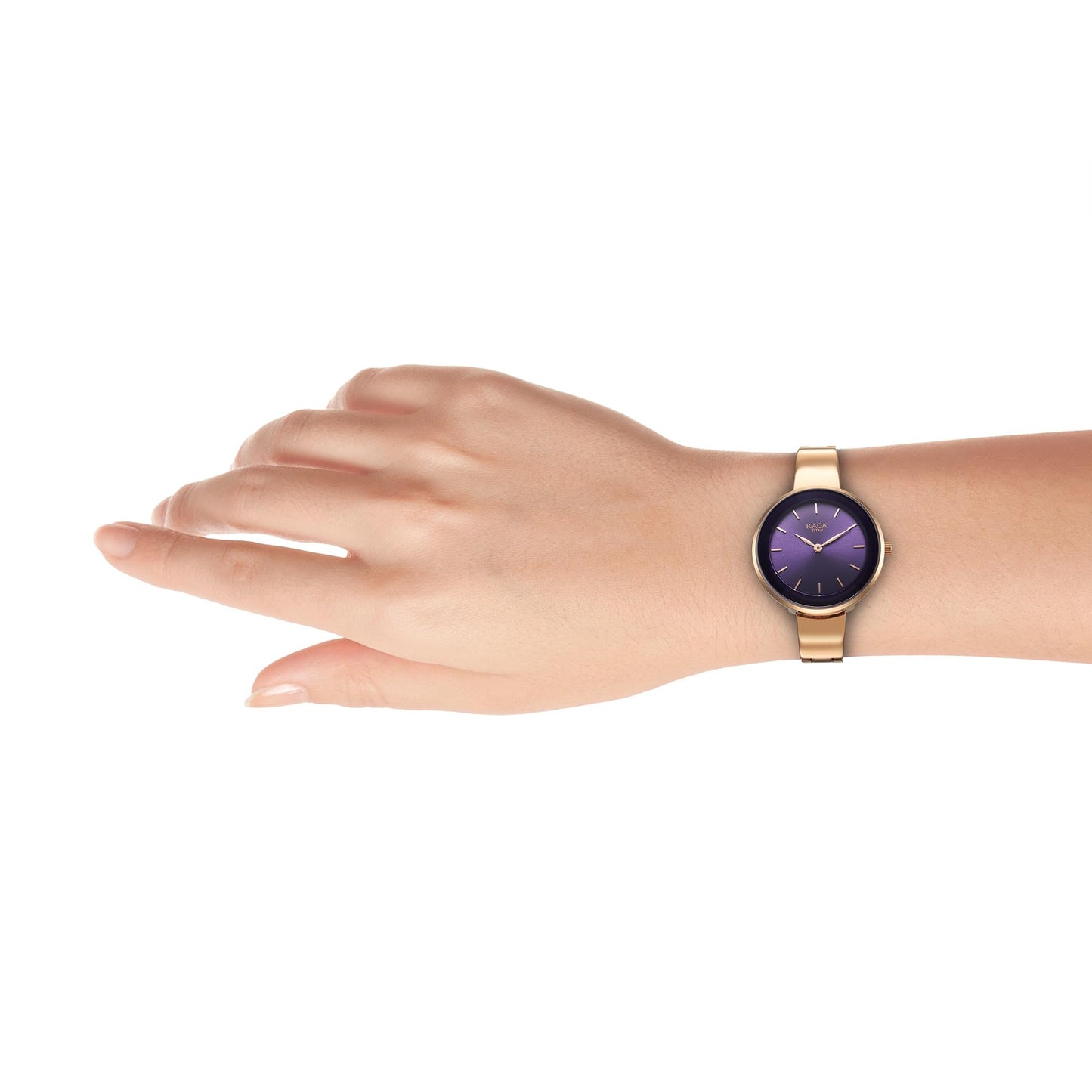 Titan Raga Showstopper Quartz Analog Purple Dial Rose Gold Metal Strap Watch for Women - NT95276WM01