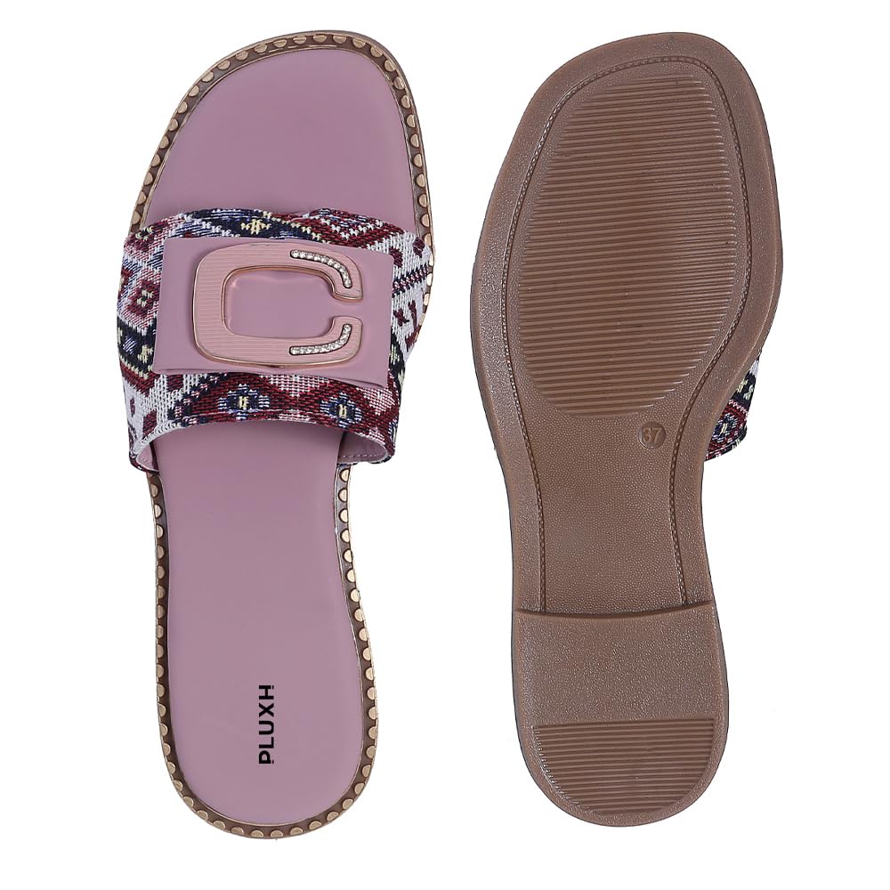 Pluxh Women Printed Toe-Ring Slip-On Sandals with Decorative Buckle | Cushioned Ethnic Casual Flats for Daily |5UK